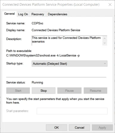 general tab on connected device platform window