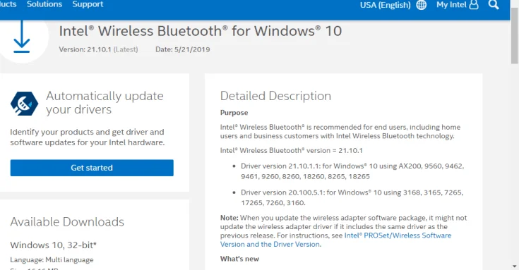 Intel Wireless bluetooth page