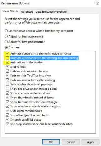 disable windows 10 animations performance options